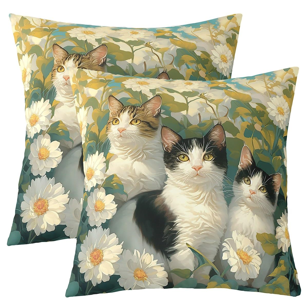 Homemissing Cute Cat Throw Pillow Covers 55x55cm Set of 2 Boys Girls Cute Kitten Cushion Case for Kids Daisy Floral Decorative Pillowcase Cat Lover's Gift Home Decor