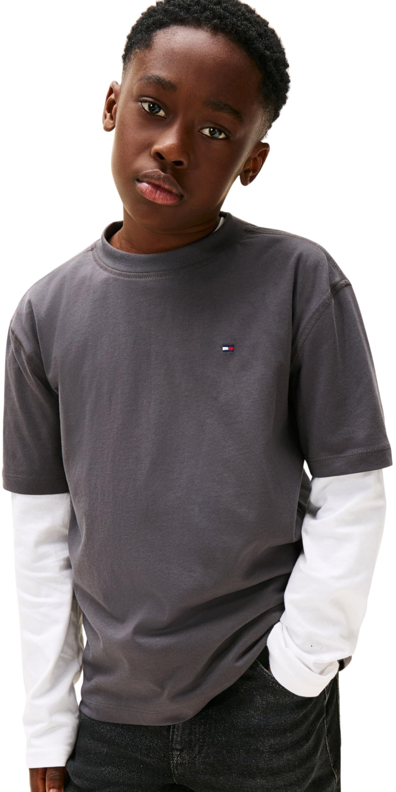 Tommy Hilfiger Boy's Washed Faded Graphic T-Shirt SS KB0KB10056 S/S T-Shirt, Grey (Washed Black), 12 Years