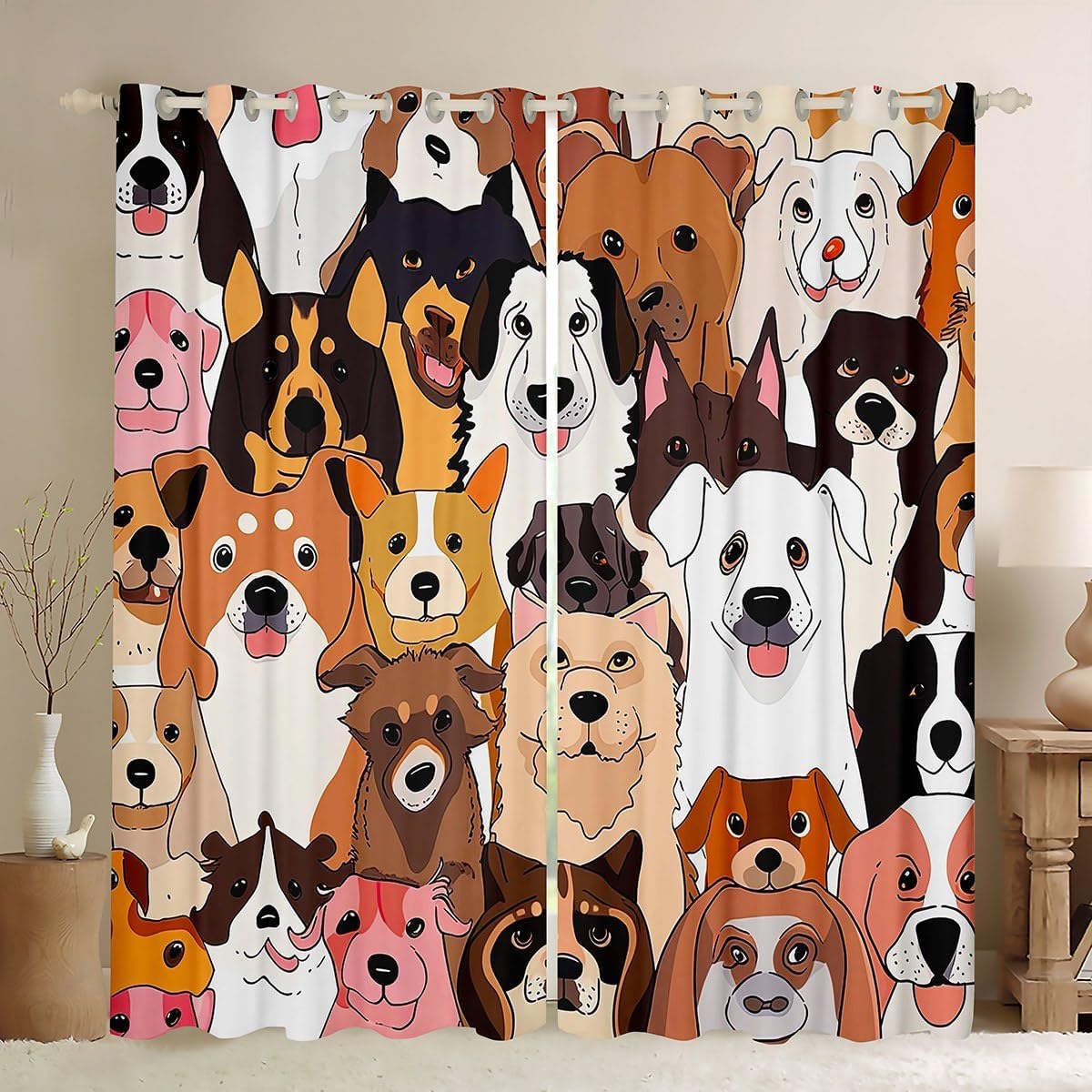 Erosebridal Pup Dog Window Treatment Doggy Pets Window Curtains 84"X90", Cartoon Puppy Animals Curtains for Kids Child Boys Sharpei French Bulldogs Draperies Dog Lover Bedroom Decor