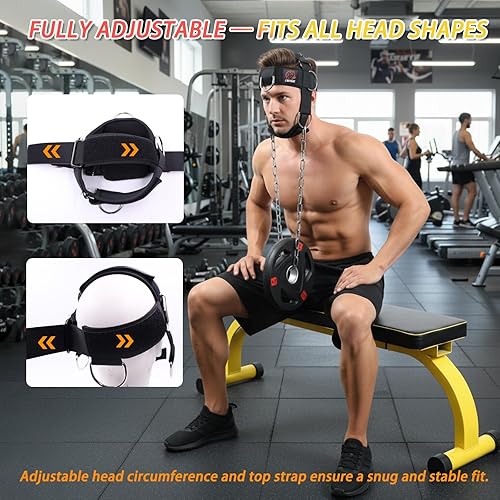 Miniatura 6 de Arnés de cuello ajustable para bandas de resistencia y levantamiento de pesas, correa para la cabeza con 6 anillos en D para entrenamiento de cuello