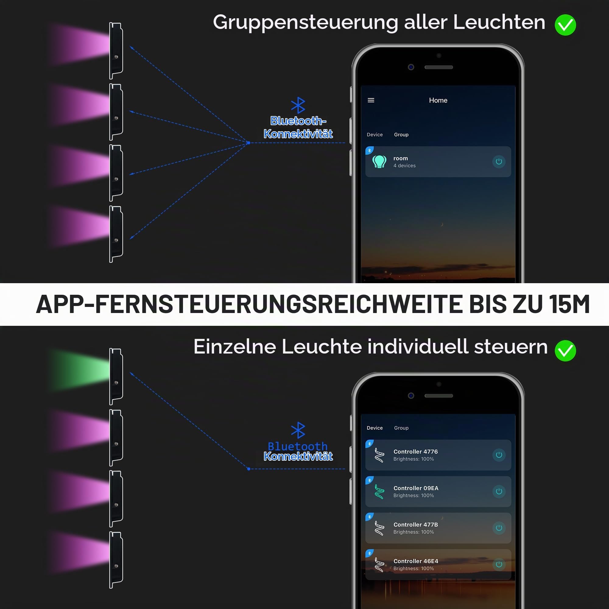RGB LED Strahler 60W mit 2,4-GHz-Fernbedienung & Bluetooth-App, 2er