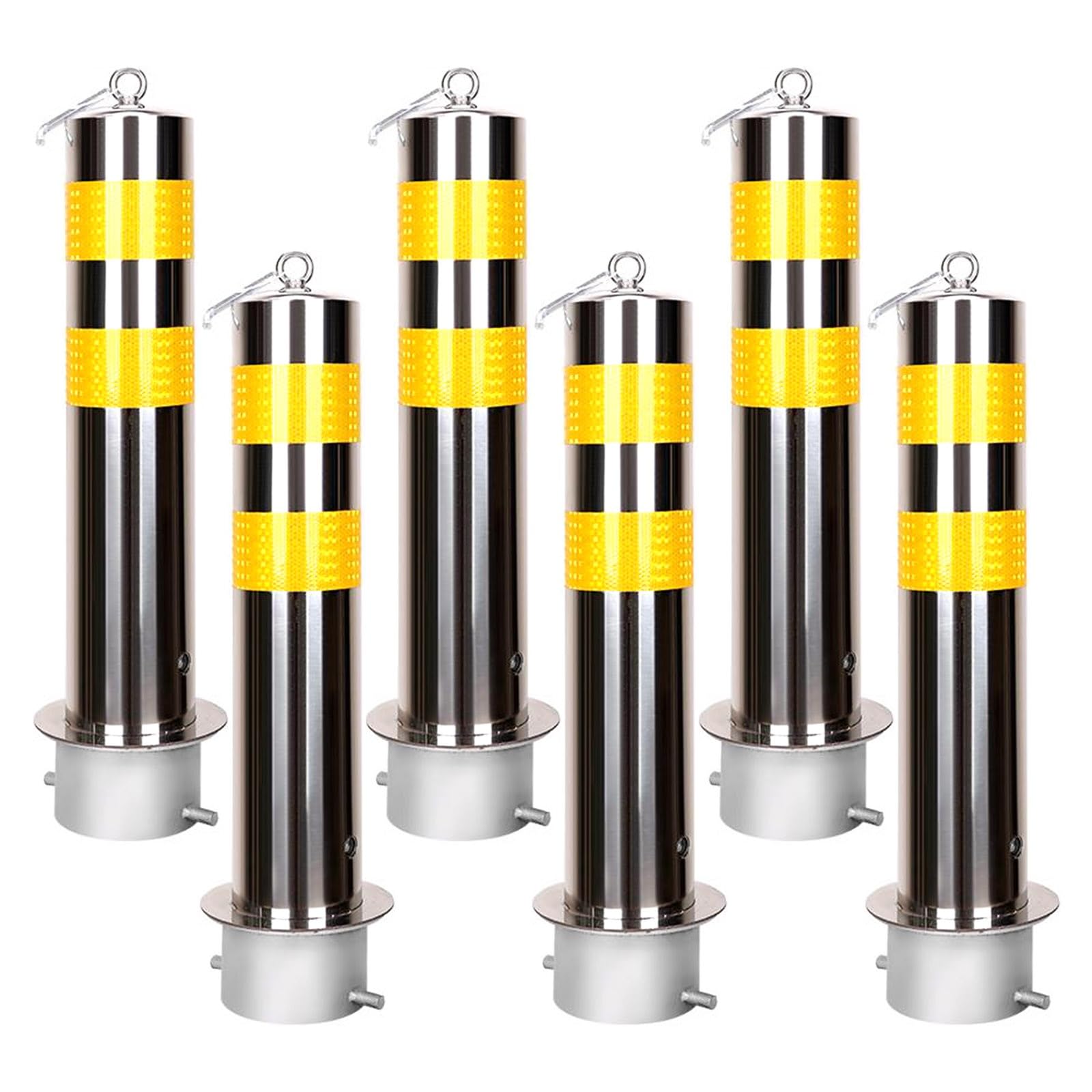 Aioneer Heavy-Duty Reflective Steel Parking Post - 4.5" Diameter Driveway Control Bollard Set Of 6, Durable Traffic Barricade Barrier, Silver Safety Parking Pole