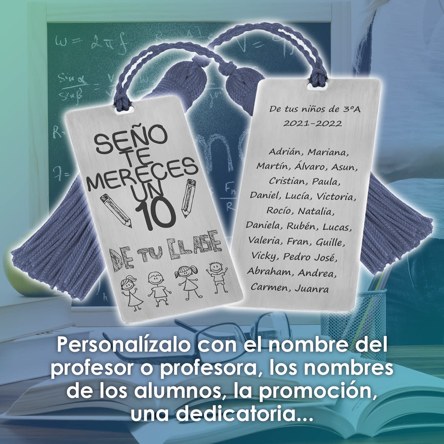 Segnalibro in argento per profes "Ti meriti un 10" con nappone colorato - Regalo per insegnanti - Fine corso (blu, 2 facce)