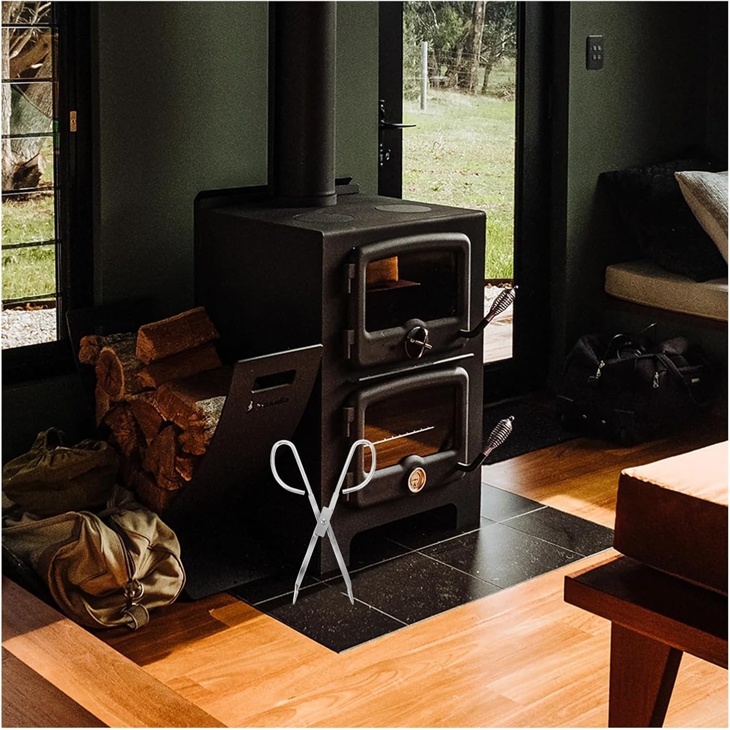 Firewood Fireplace Wall Tool Tongs 28Cm Stainless Steel Log Grabber Fire Poker for Wood Burning Stove Pit for Fire Pit Bonfire Campfire Outdoor Indoor