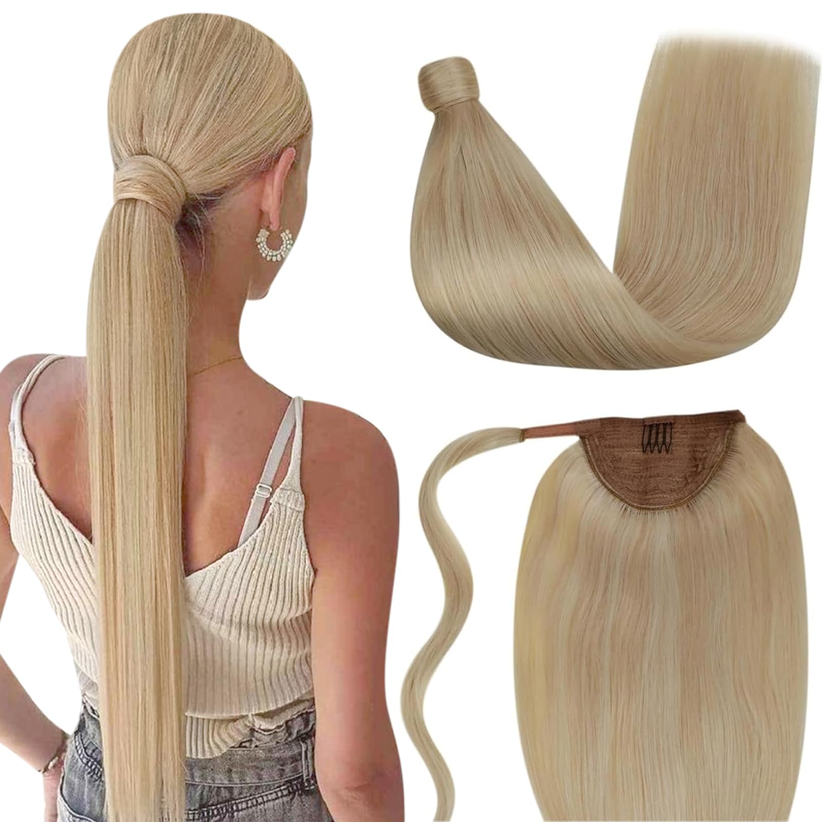 LaaVoo Pony Tail Extensions Real Human Hair 16 Inch 80g Highlight Dark Blonde & Platinum Blonde Remy Straight Ponytail hair Extensions #12/24