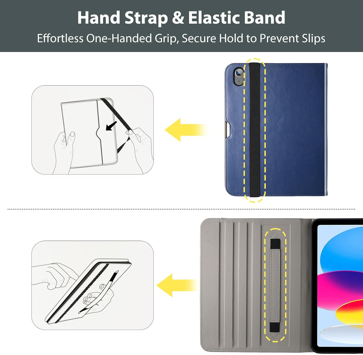 ProCase for iPad A16 11th Generation 11” 2025/iPad 10th Generation 10.9” 2022 with Pencil Holder, iPad 11/10 PU Leather Case Business Stand Cover Smart Folio with Hand Strap Front Pocket -Navy