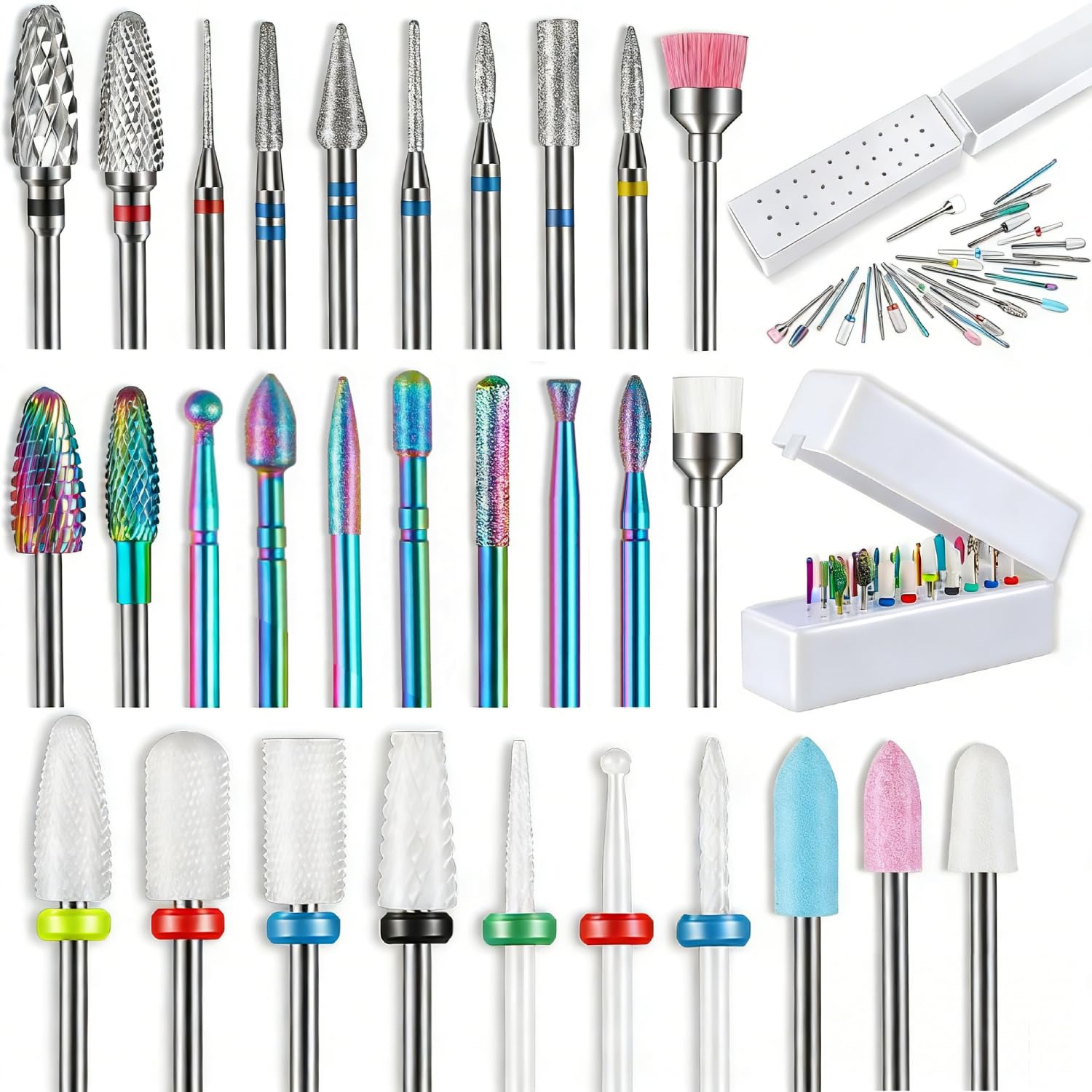 30 foret à ongles avec boîte pour Cuticules, Anti-blessure Pour Débutant | 3/32 Pouce Ponceuse ongles, Carbure Céramique Diamantés, Durable pour Ongles en Gel Acrylique