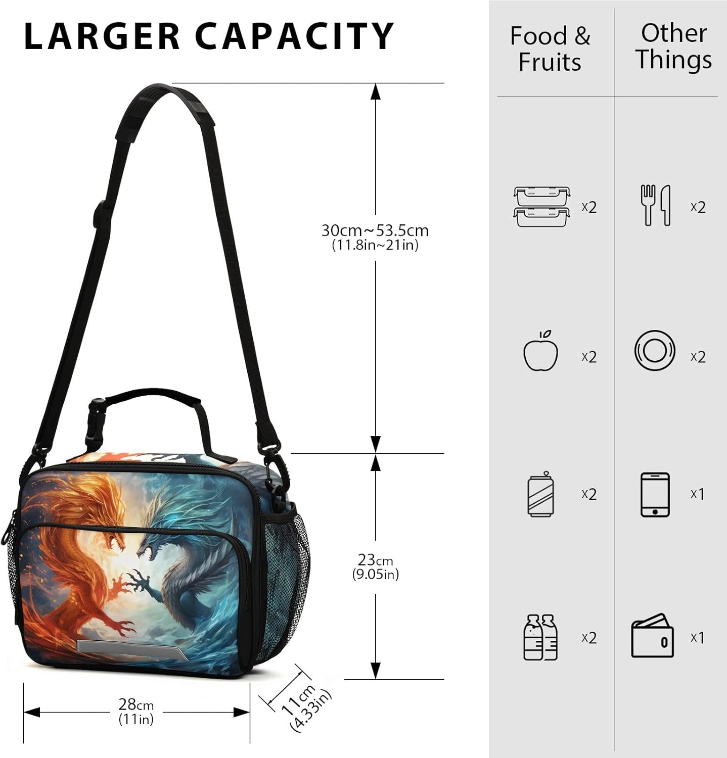Red Blue Dragon Sea Kids Lunch Bag, Reusable Childish Lunch Box for Boys Girls, Insulated Cooler Bag Lunch Tote Bag with Shoulder Strap for School Office Picnic Travel