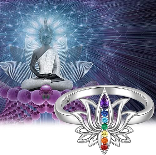 Miniatura 7 de Anillo de chakras de loto para mujer, yoga, chakras, cristal de plata de ley, flor de loto, equilibrio energético, chakras, joyería de meditación,