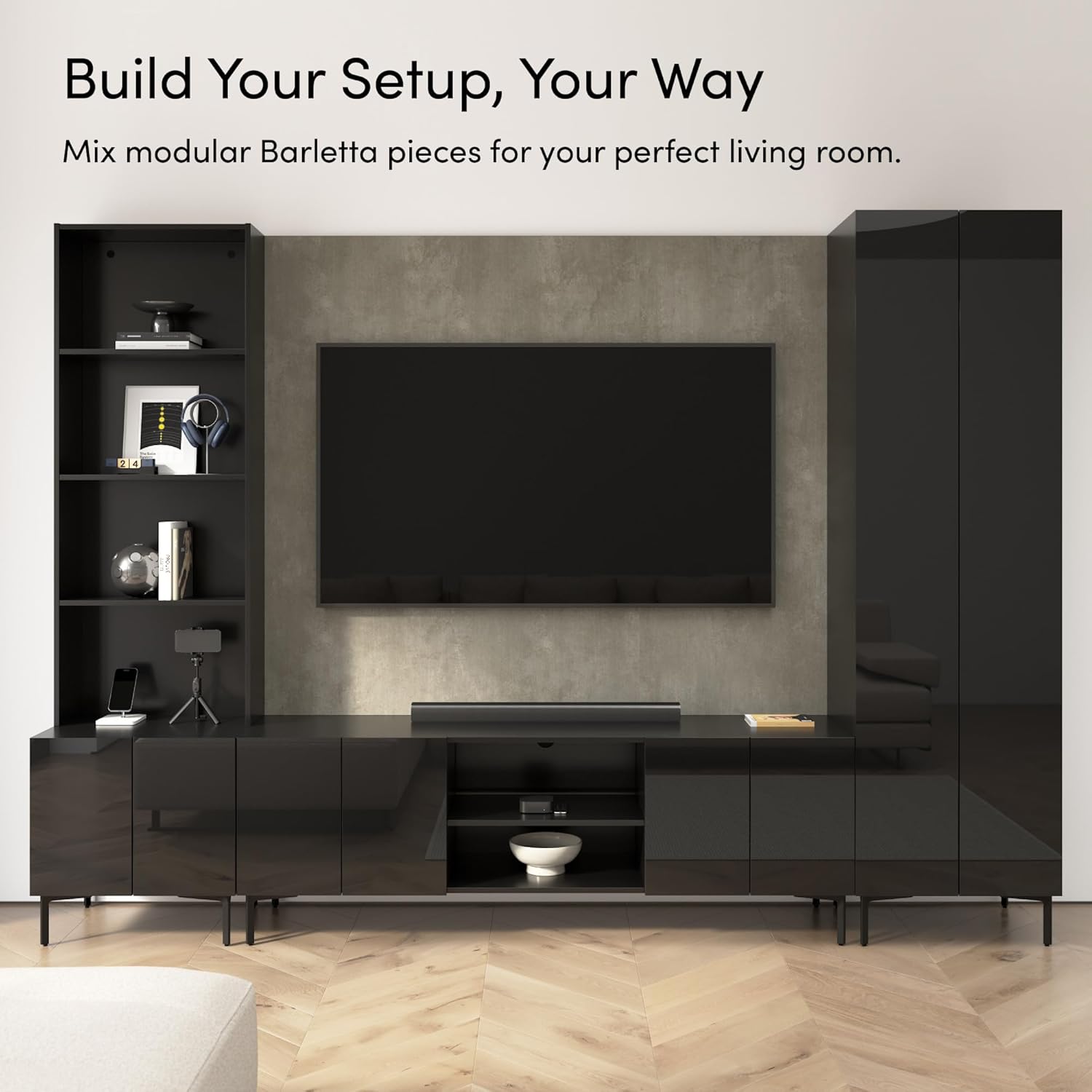 Bestar 24-inch Modular Media Storage Tower with Shelves and Metal Legs, Living Room Furniture, Barletta Collection, Black