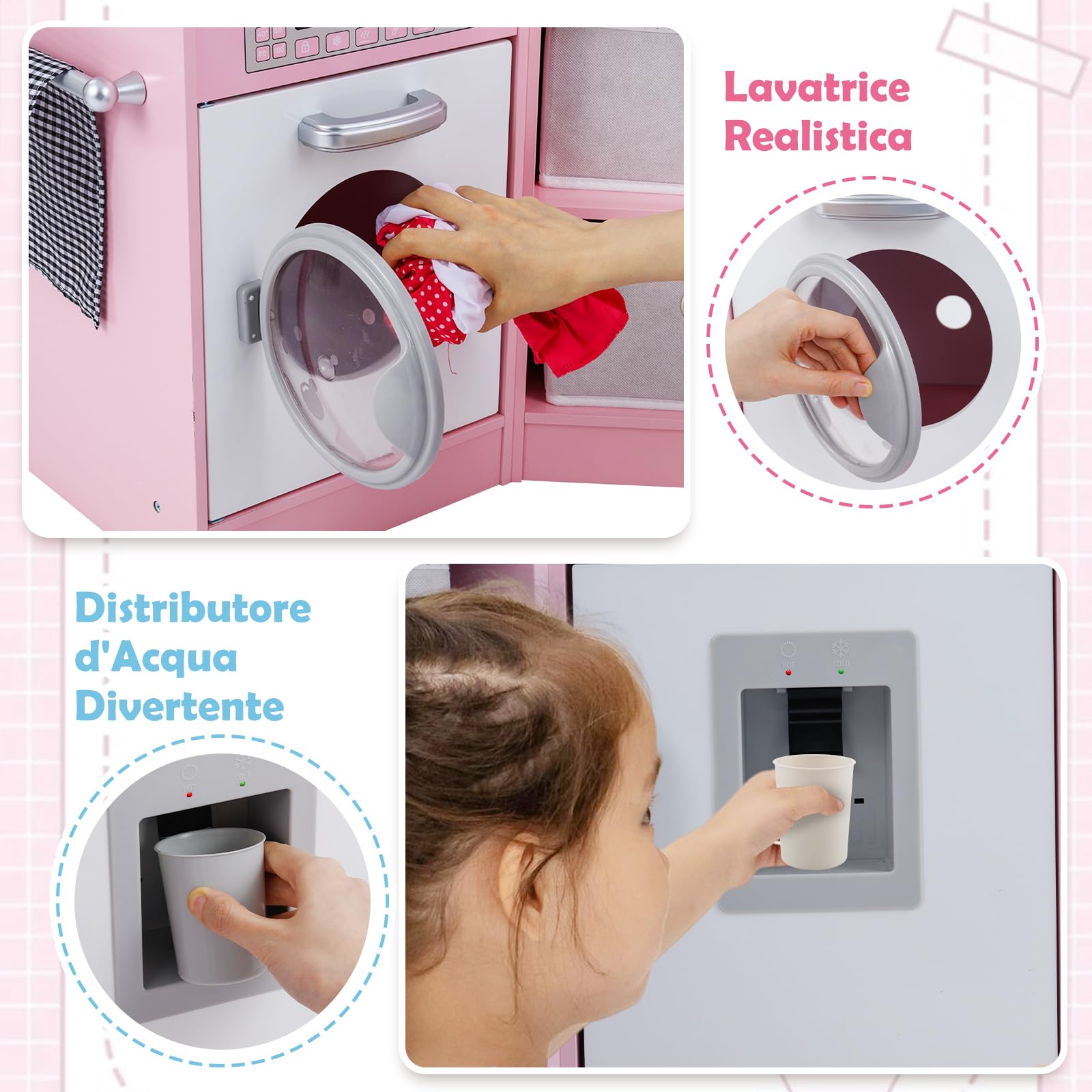 COSTWAY Cucina Giocattolo per Bambini, Set Cucina in Legno con Accessori, Luci e Suoni, Cappa, Fornelli, Microonde e Lavatrice, per Bambini 3+ Anni, 102 x 51 x 85 cm (Rosa)