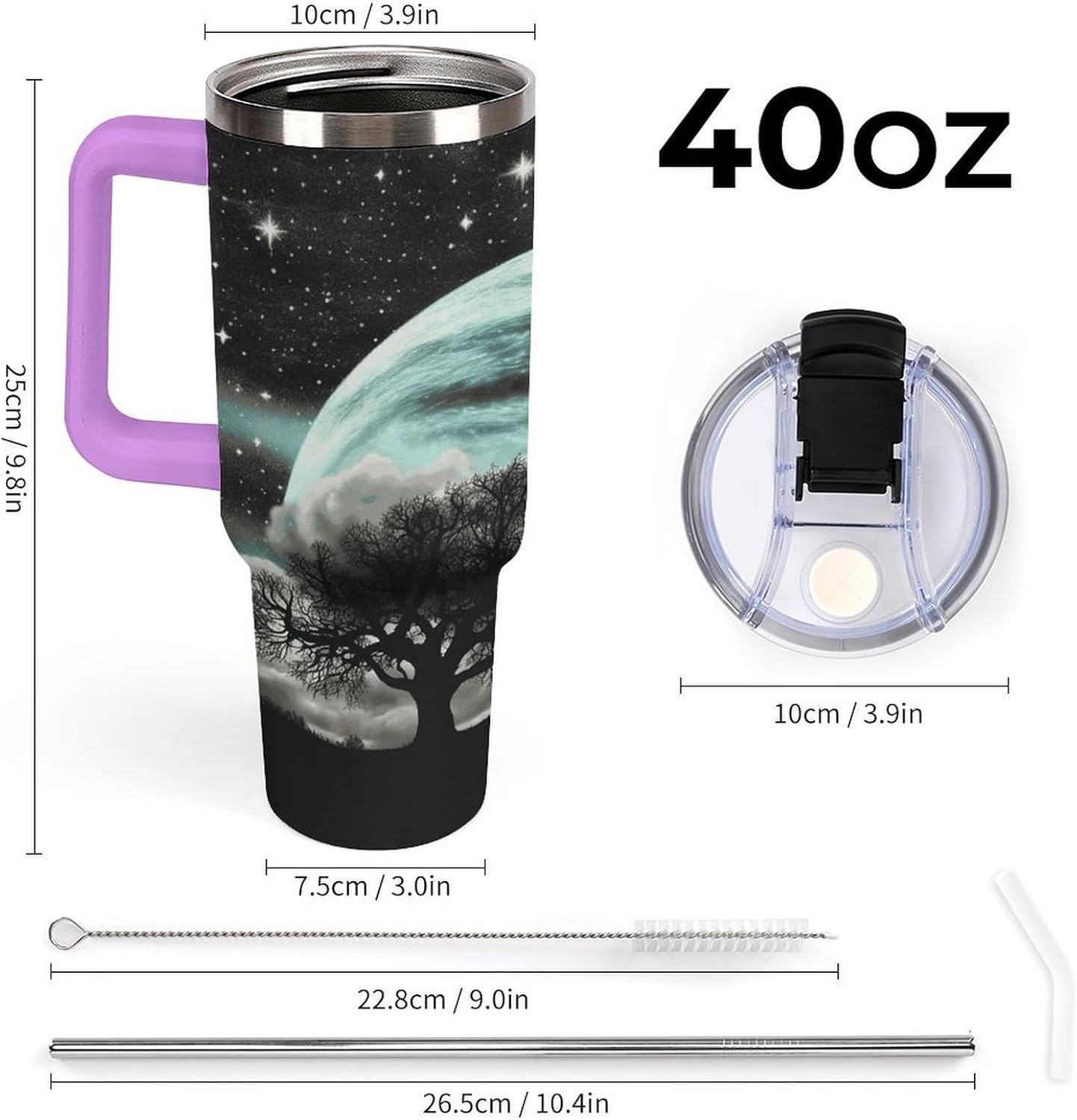 Large Car Cup with Handle&Lid Fashion Starry Night Black Tree Art Tumbler Sturdy Insulated Water Bottle Stainless Steel Vacuum Travel Mug Portable Coffee Cup for Home Outdoor 40 Oz Violet-style
