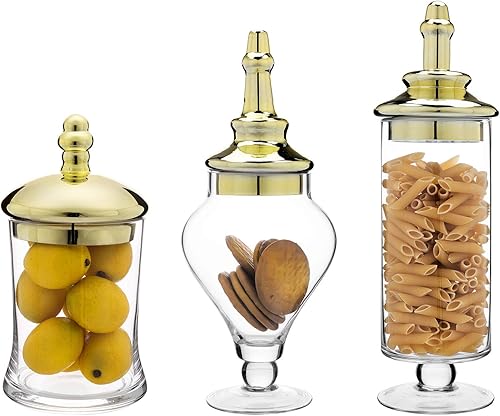 Miniatura 2 de MyGift Juego de 3 tarros de cristal transparente antiguo con tapa, centro de mesa de boda, tarros de almacenamiento de cocina con base de cobre