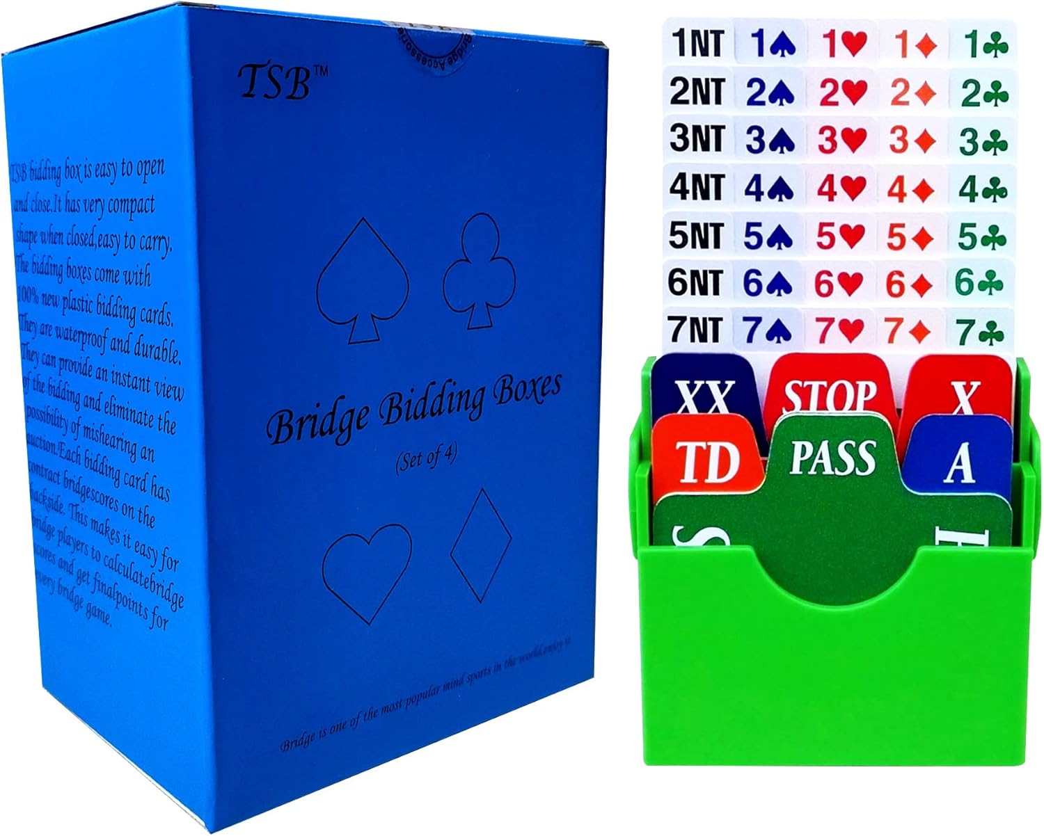 TSB Bridge Bidding Boxes Set of 4 - Compact Bidding Box Easy to Carry and Store - Include Waterproof Plastic Bidding Cards(Green)