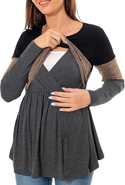 Damen Umstands-Langarm-T-Shirt mit Rundhalsausschnitt & Stillfunktion - Oberteile Stillen