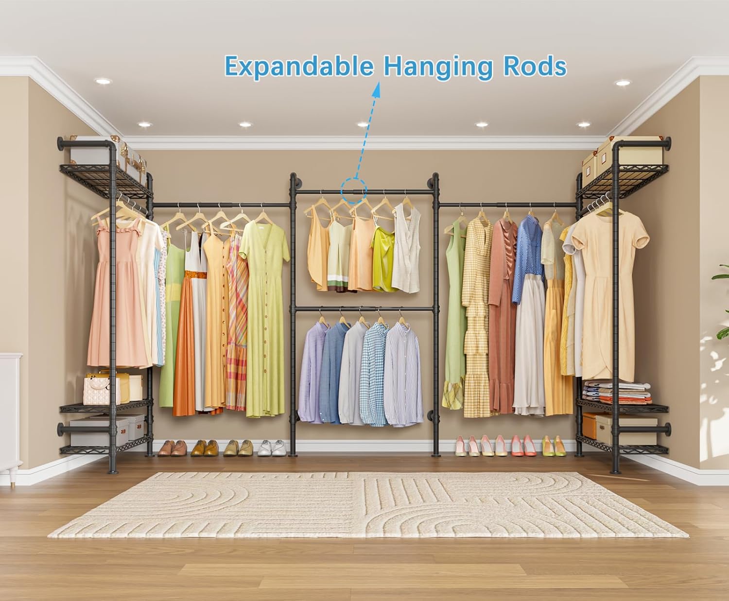 Timate L2 Wall Mounted Clothes Rack Industrial Pipe Clothing Rack for Hanging Clothes, Adjustable Expandable Garment Rack Heavy Duty Closet Organizer, Black Mounted Storage Industrial Closet System