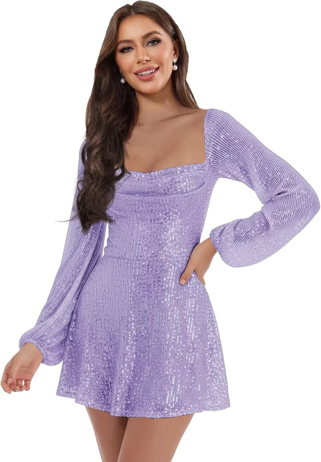 Women's Square Neck Long Sleeve Homecoming Dresses Short Sequin Fall Cocktail Party Gown - Image 5