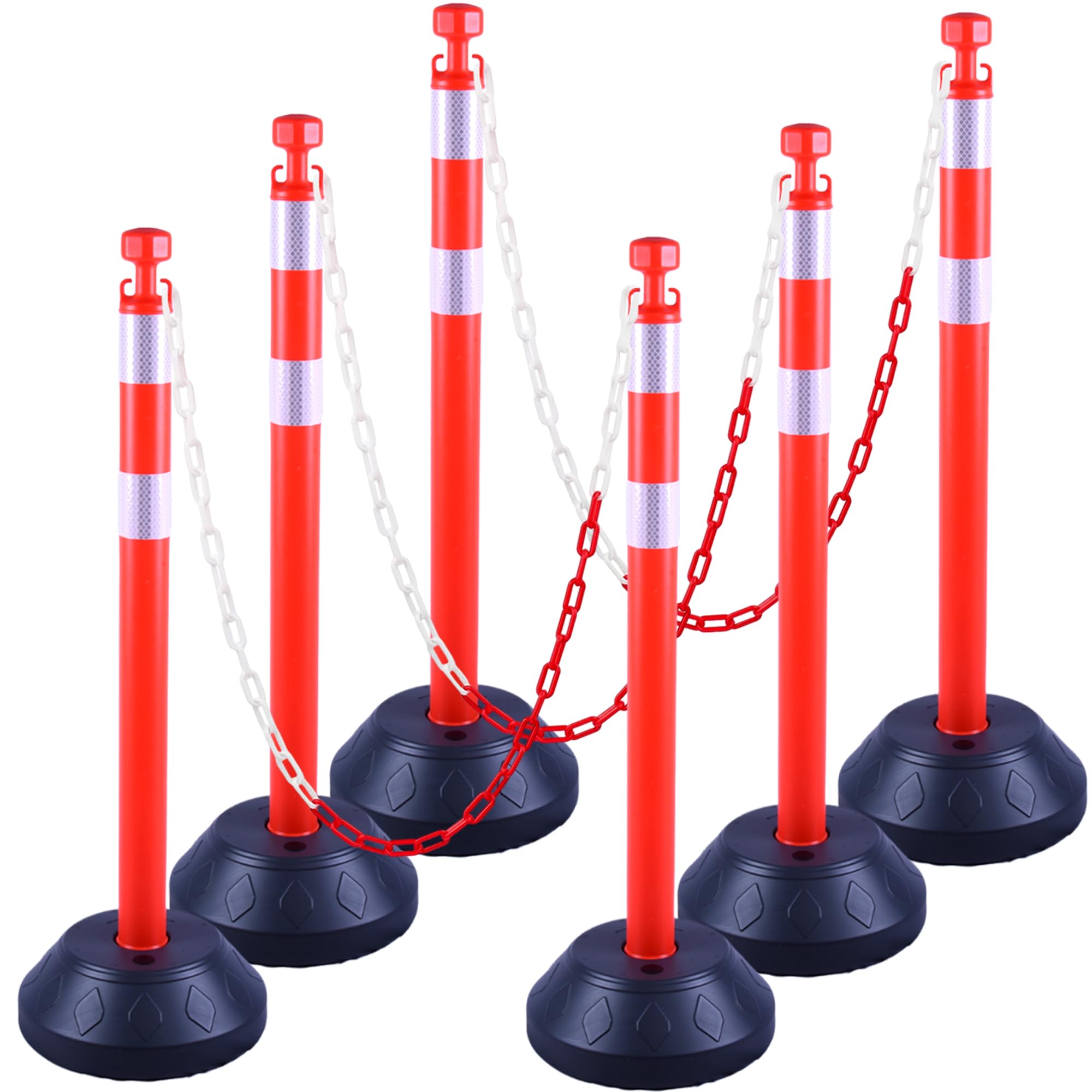 Paquete de 6 postes de barrera de plástico con 4 cadenas de barrera de 200 cm, postes de plástico con base rellenable, para control de tráfico y delimitación de estacionamiento (Rojo)