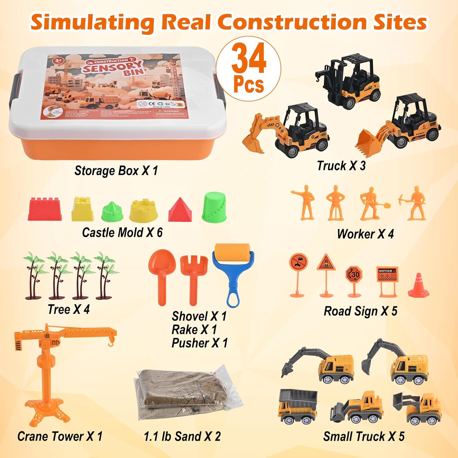34Pcs Sand Construction Site Kit Sensory Bin Toy for Toddler with 8 Vehicles, 6 Castle Molds, 5 Road Signs, 4 Worker Figures, 2.2lbs Sand, Learning Sand Toys Birthday Gift for Kids Boys Ages 3 4 5