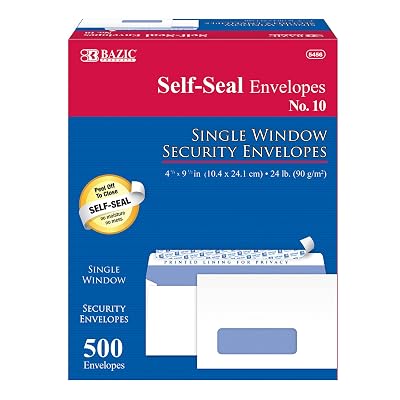 BAZIC Products #10 Self-Seal Security Single Window Envelopes, 500 Count, for Mailing Office Home