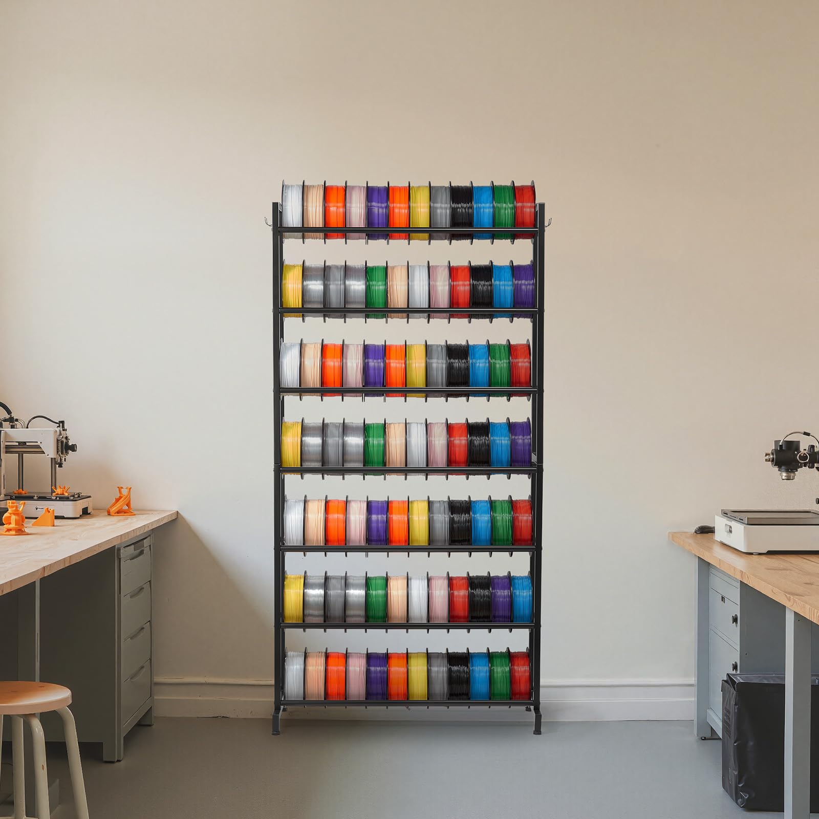 VEVOR Filament Lagerregal für 3D-Drucker, 7 Ebenen, Filamentspulenhalter, 840 x 320 x 1650 mm, Tragkraft 54,4 kg pro Ebene, 3D-Druckerzubehör für 3D-Druckstudio, Werkstatt, Schwarz