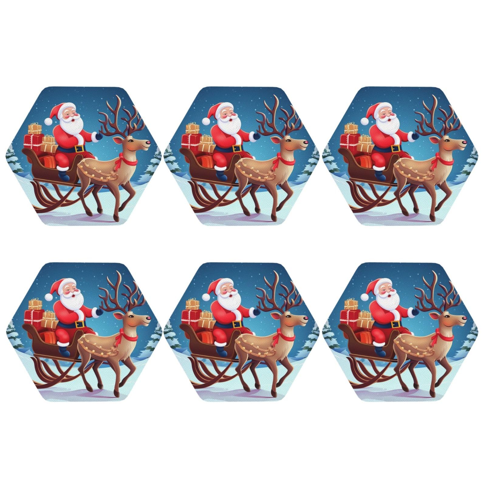 6pcs Leather Coasters for Drinks, Christmas Santa Deer Drink Coasters for Tabletop Protection, 4" Cup Coasters for Coffee Table Decor, Non-Slip Drinking Cup Mat for Hot Or Cold Drink
