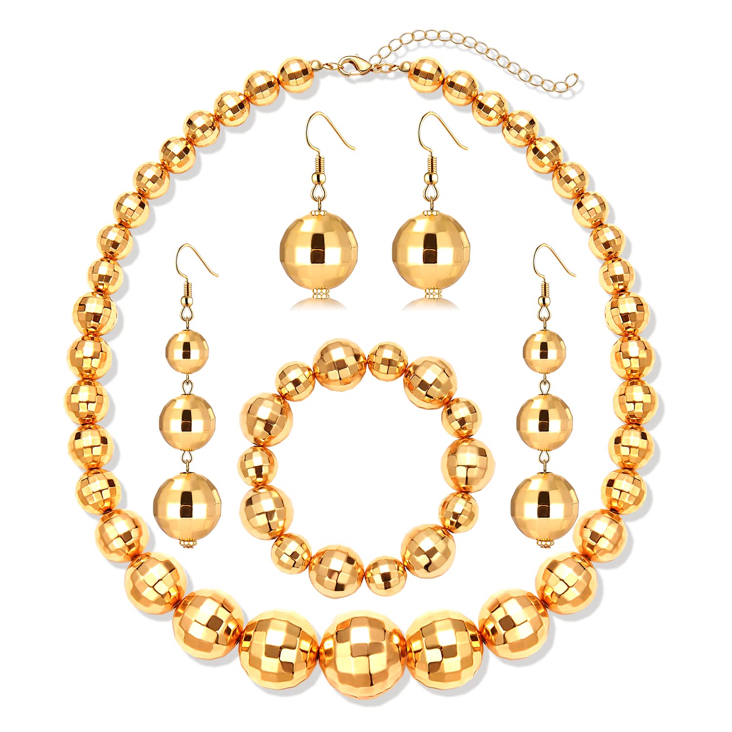 Disco Ball Earrings Necklace Bracelet Jewelry for Women 60s 70s Trendy Mirrorball Dangle Earrings Statement Stretch Mirror Balls Beaded Bracelet