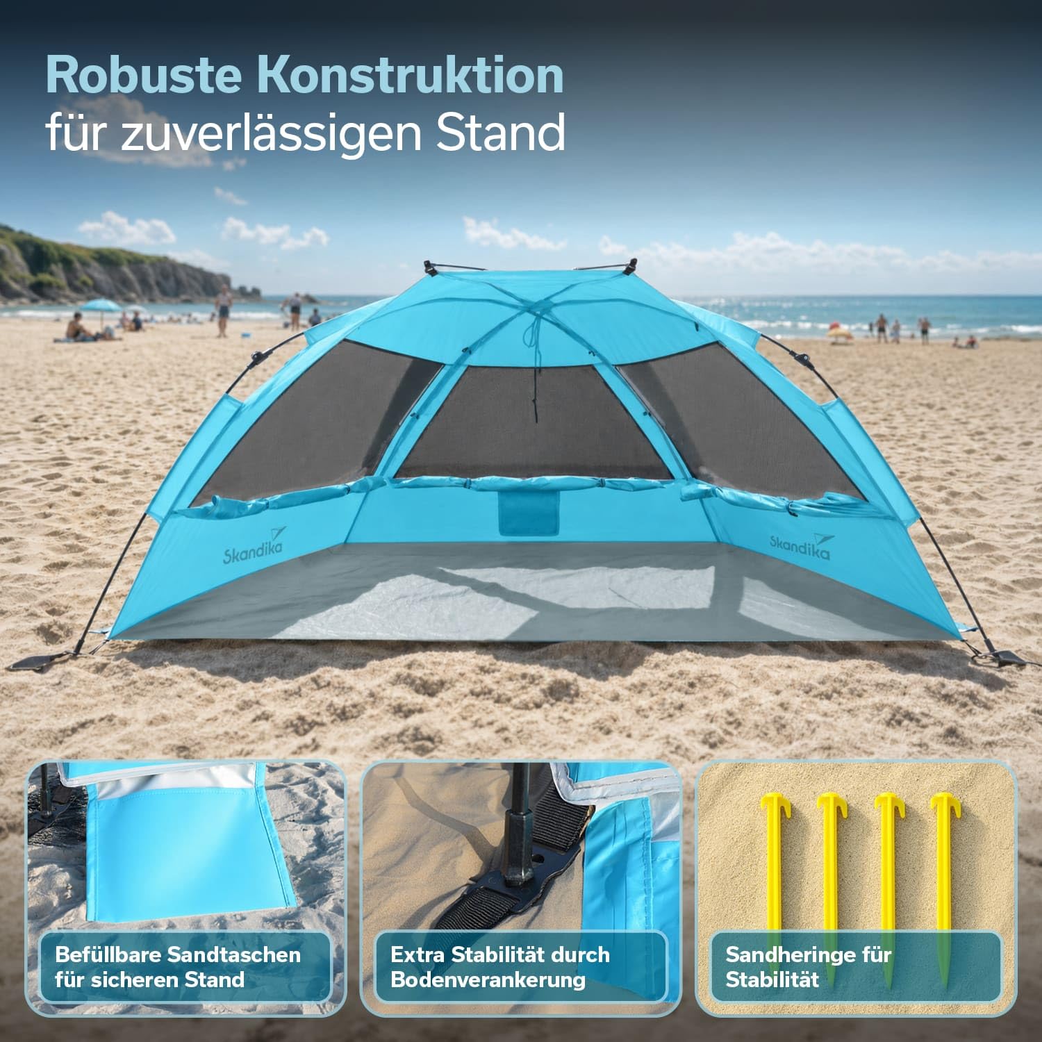 Skandika Strandmuschel Skal Quick-Start Strandzelt UV-Schutz 80+ 360° Mesh-Panoramafenster Windschutz Sonnenschutz Sichtschutz Quick-Up Sandheringe