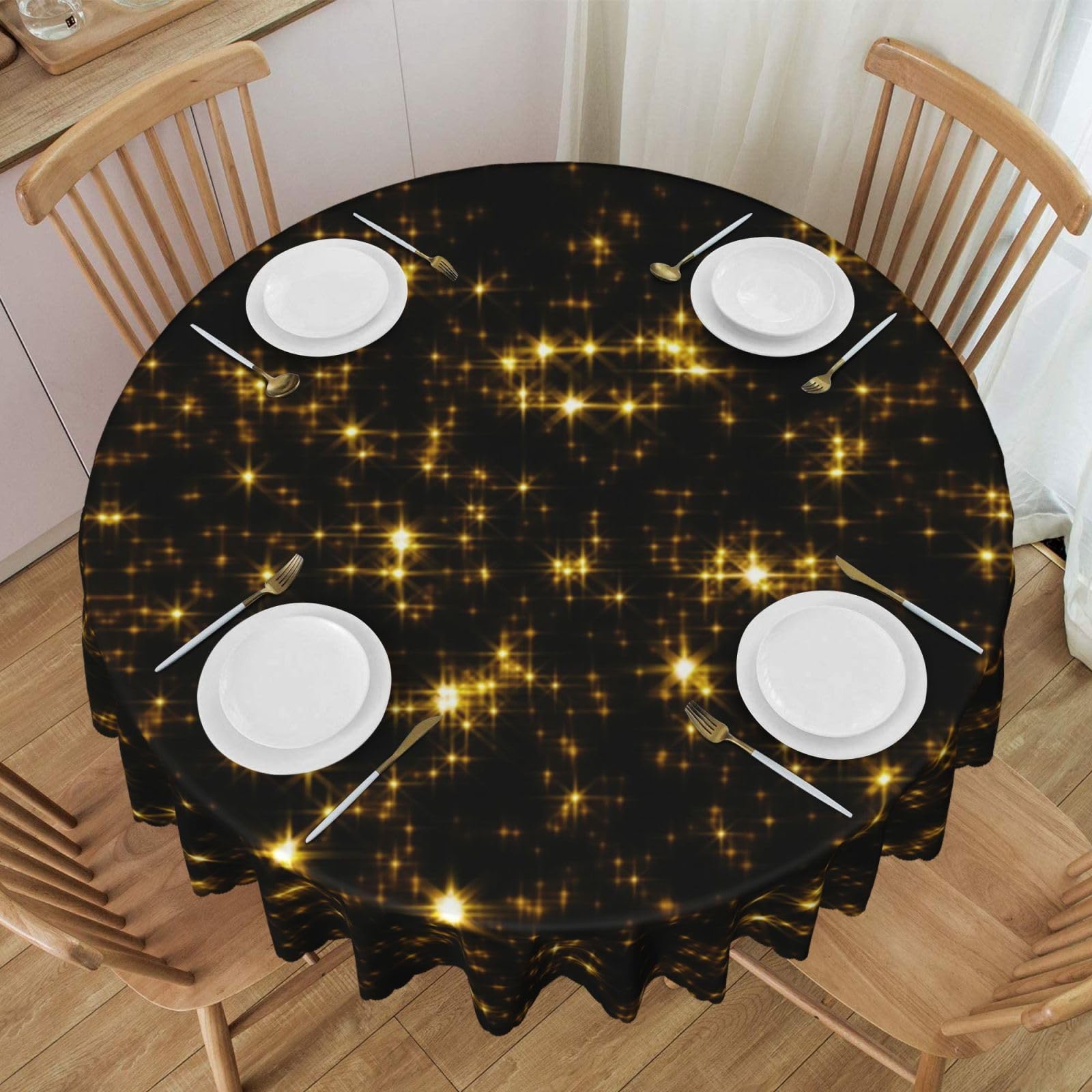WKSGDSG Round Tablecloth 152cm, Gold Black Tablecloths, Water Resistant Table Cover Decor, Spill Proof Decorative Tablecloth For Wedding Party, Outdoor Picnic, Wrinkle Free Circular Table Cover