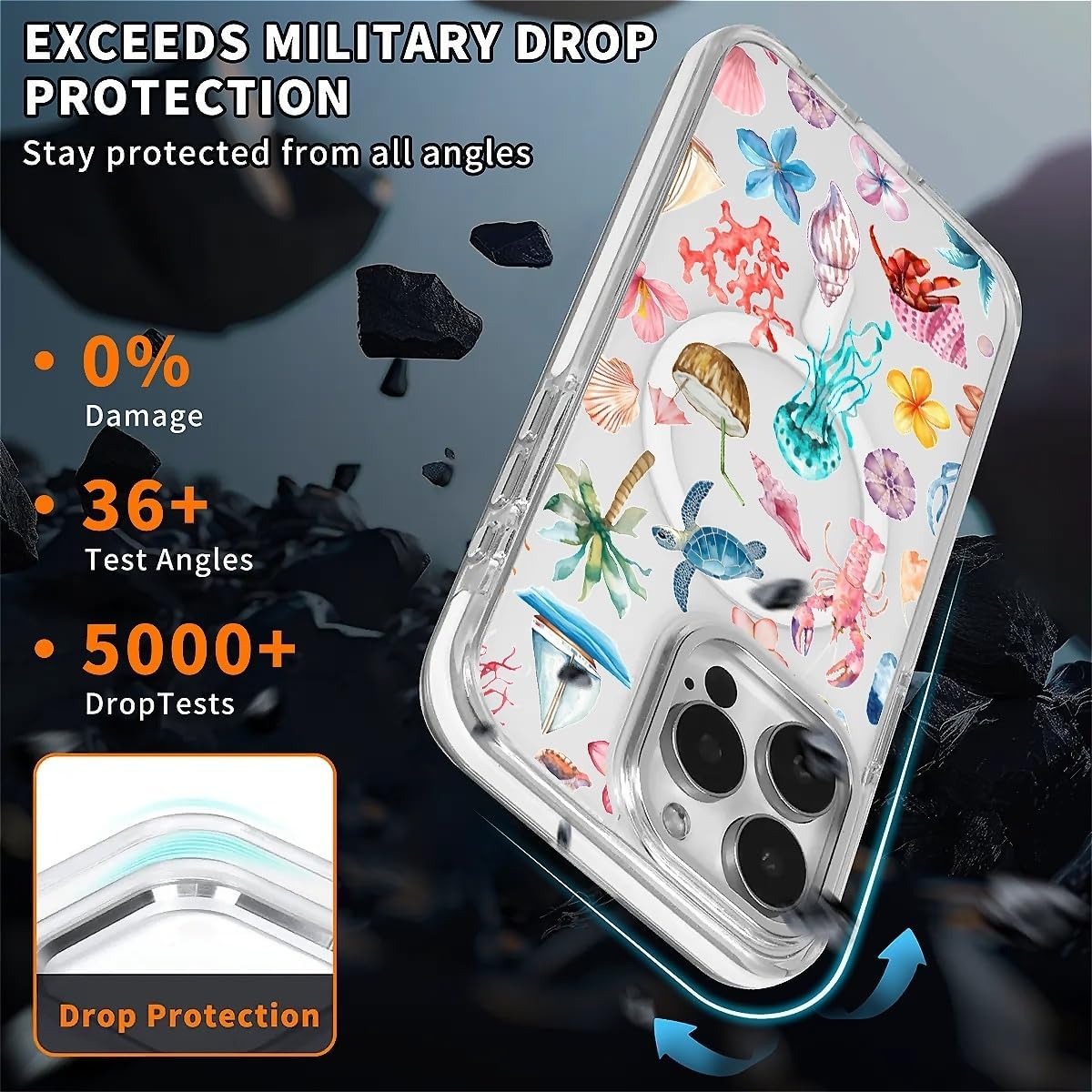 for iPhone 16 Pro Case [Compatible with Magsafe],Girls Women Clear Magnetic Case Silicone Shockproof Protective Cover with Pattern Sea Turtles Coconuts Jellyfish - Image 5