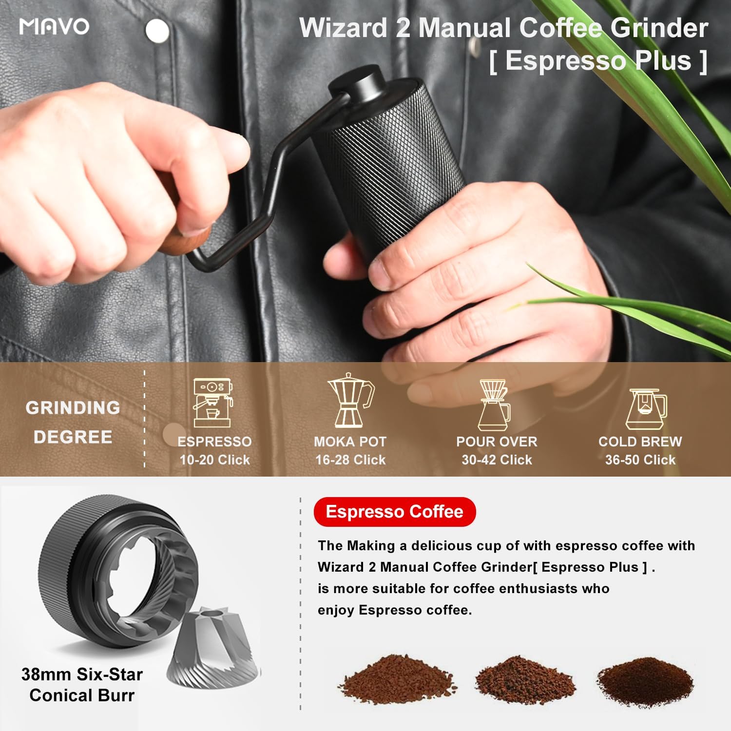 MAVO Wizard 2 Molinillo de café manual, capacidad de 0.71 oz con fresas cónicas de acero
