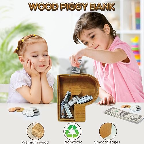 Miniatura 276 de Alcancía para niños y niñas, alcancía grande de madera personalizada con diseño recortado, bancos de monedas con letras del alfabeto, caja de ahorro