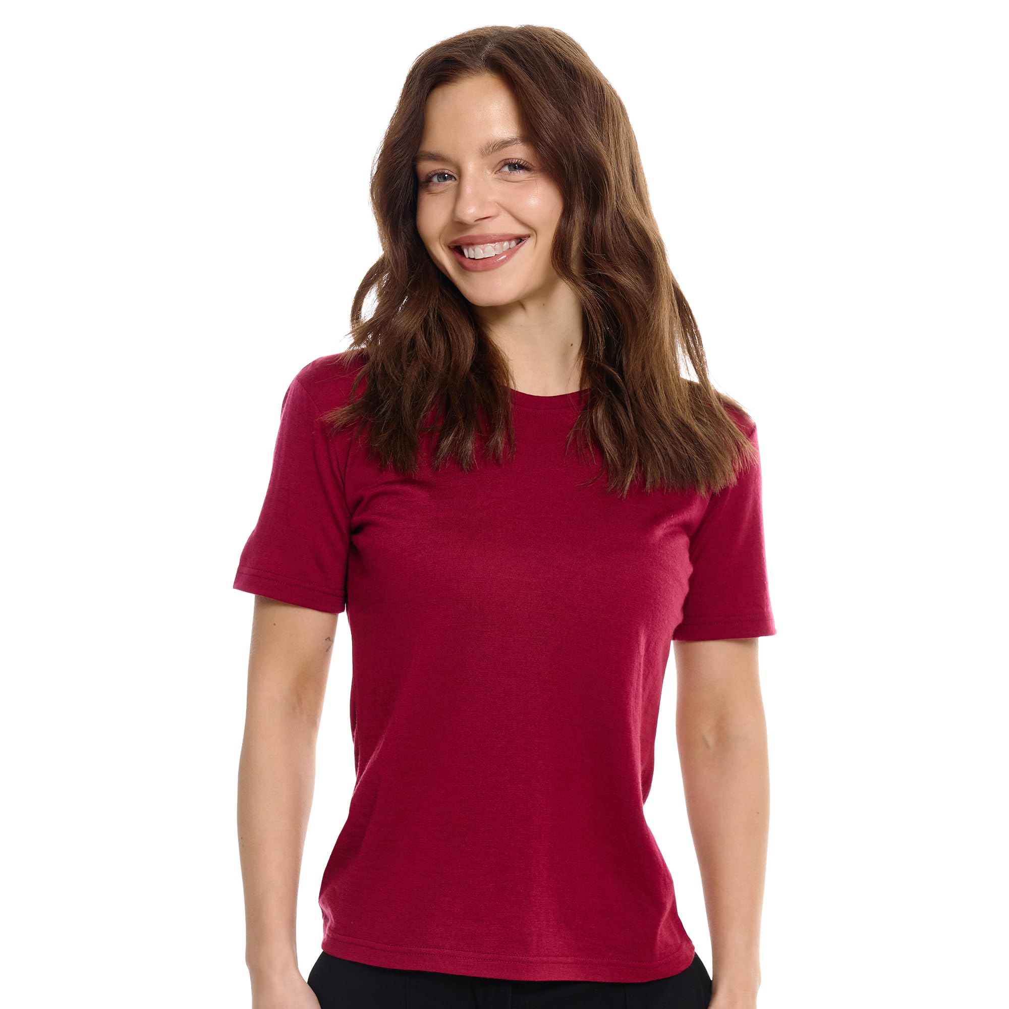 Merino.tech Camiseta Termica Lana Merino Mujer - Ropa Interior Base Layer 100% Lana Merino para Mujer (Large, Dark Red Crewneck)