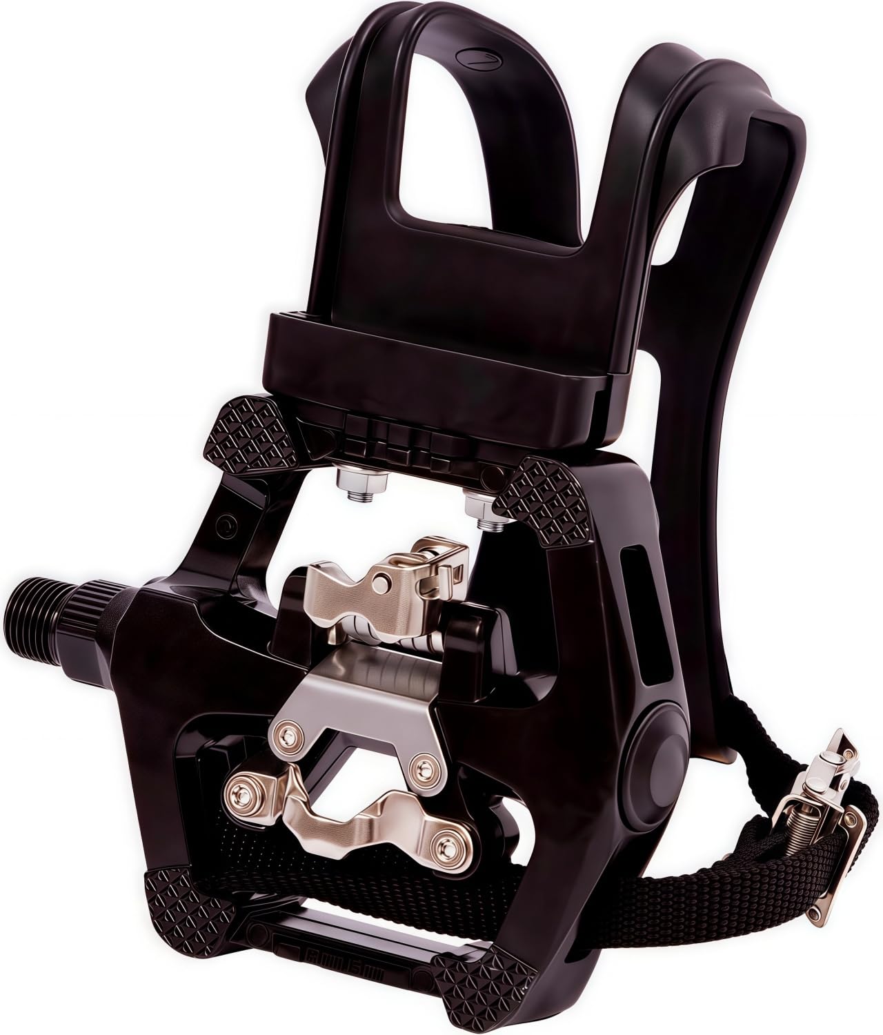 YBEKI Pedales de Gama Profesional para Bicicleta Estática – sin Clips + Calapiés y Correa – Compatibles con Peloton, Schwinn, Sunny y la mayoría de Bicicletas de Interior – Eje de 9/16″