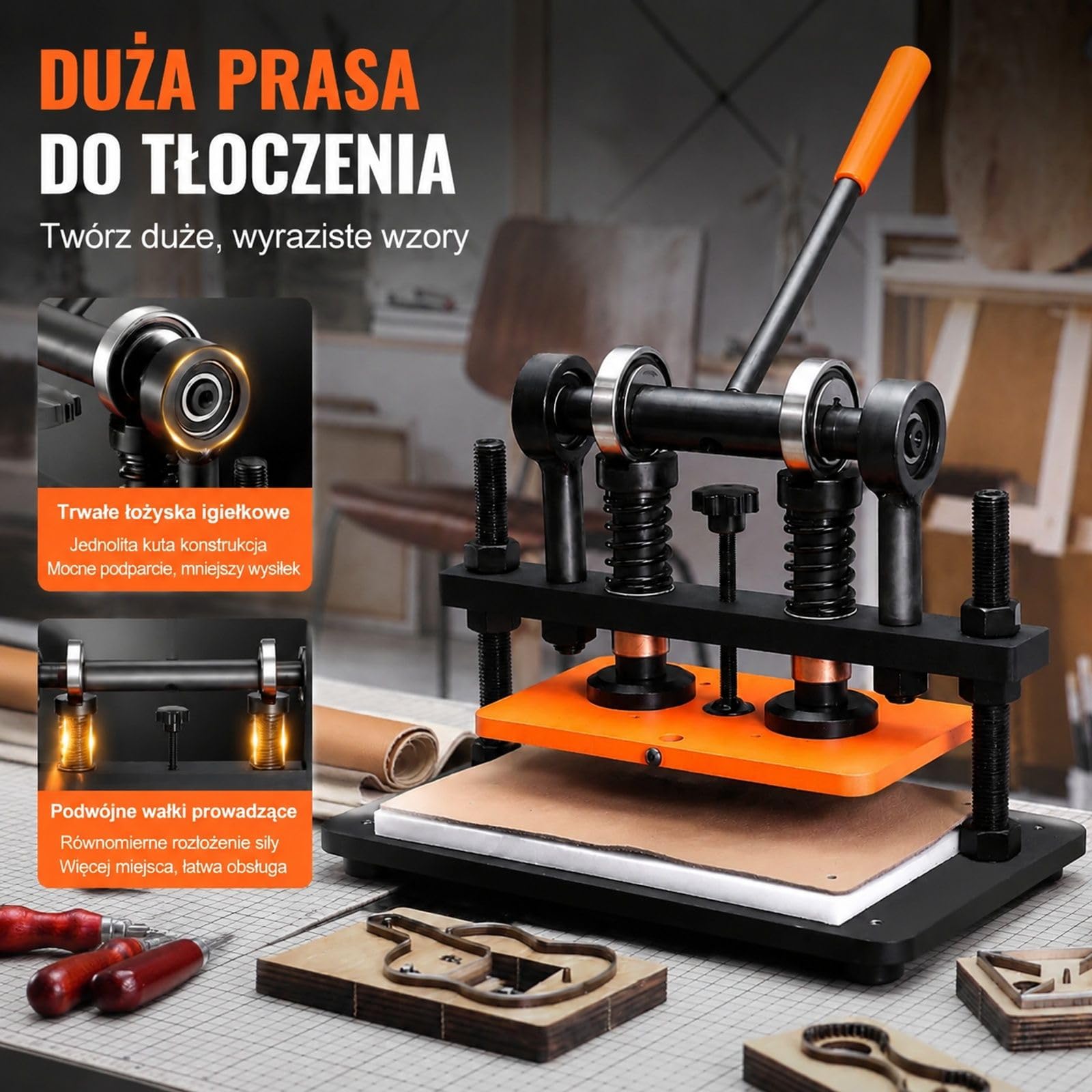 Ręczna prasa do dziurkowania skóry i tłoczenia, pianki PVC/EVA oraz materiałów nieprzylepnych, regulowany skok