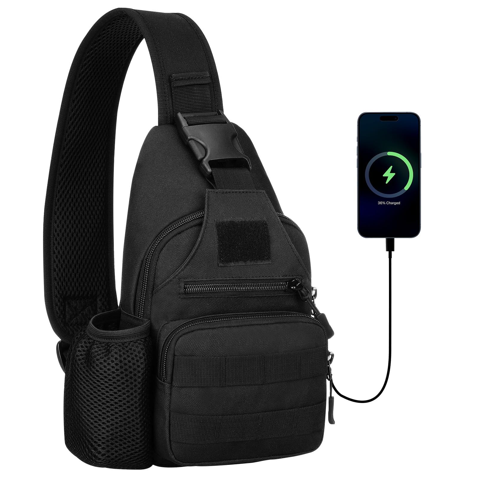 HUNTVP Torba na klatkę piersiową, taktyczna torba na ramię, męska torba na ramię, torba na ramię z uchwytem i portem USB, do treningu na świeżym powietrzu, na kemping i piesze wycieczki