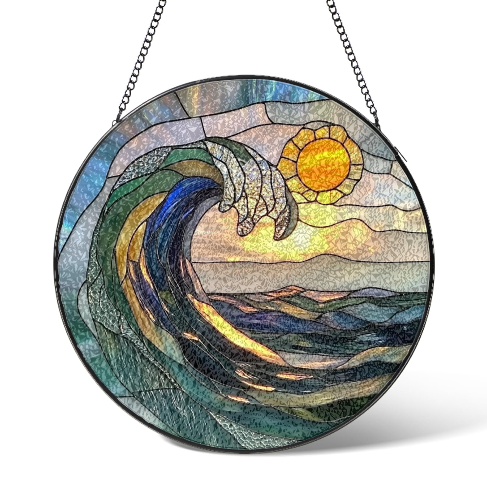 Beach Sunset Stained Glass Suncatchers Window Hanging,Sunrise Suncatcher Garden Decor Birthday Gifts,Sun Catchers Decorations for Coastal Bedroom Kitchen Windows,Christmas Housewarming Gift 3.9 IN