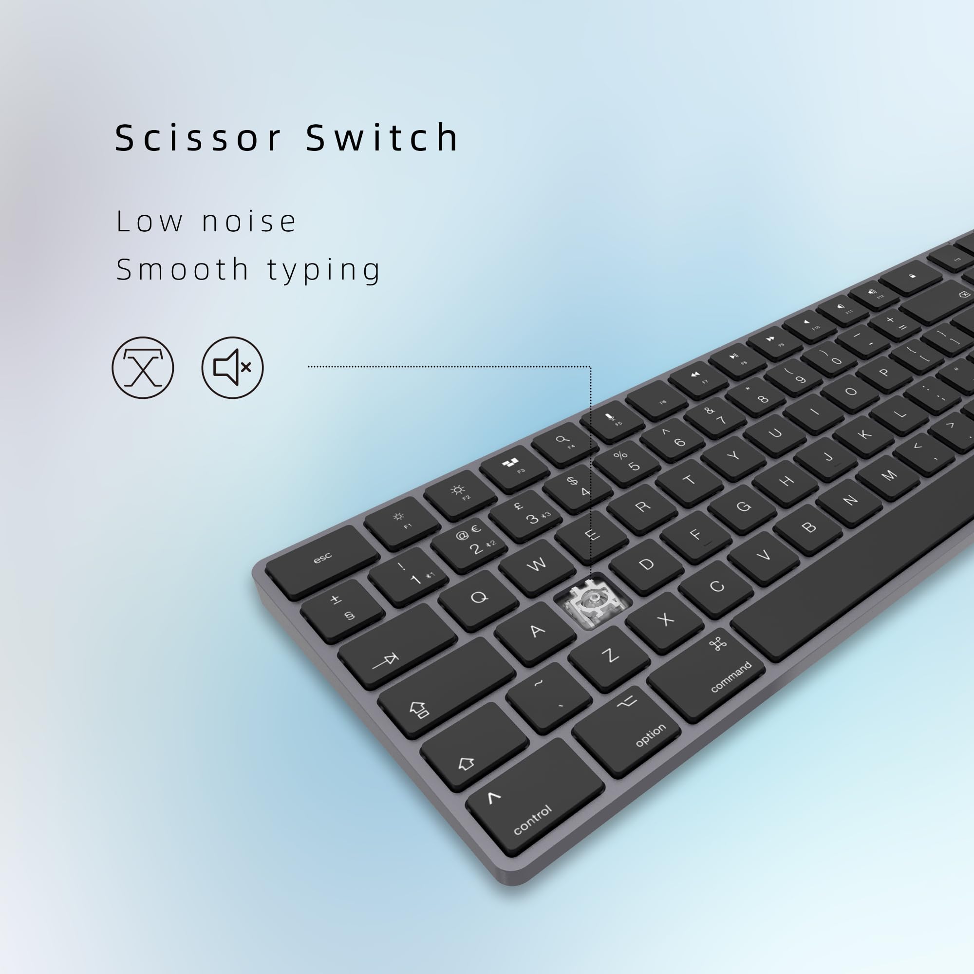 Clavier Bluetooth sans fil en aluminium pour Mac, touches discrètes et silencieuses pour multi-appareils, compatible avec Apple iMac, MacBook, Mac et iPad, batterie rechargeable, gris