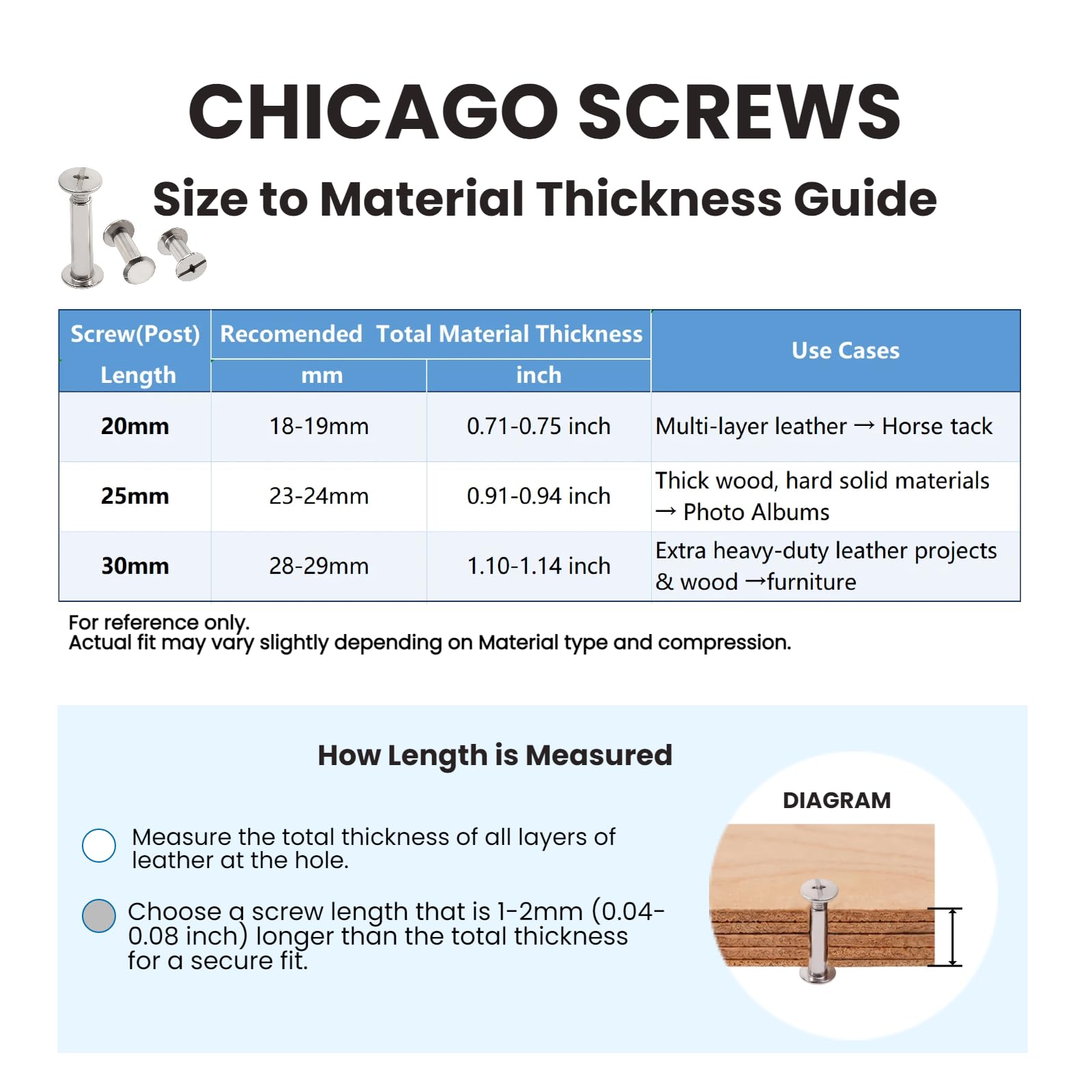Chicago Screws Kit - 60 Stainless Steel for Leather Crafts -7