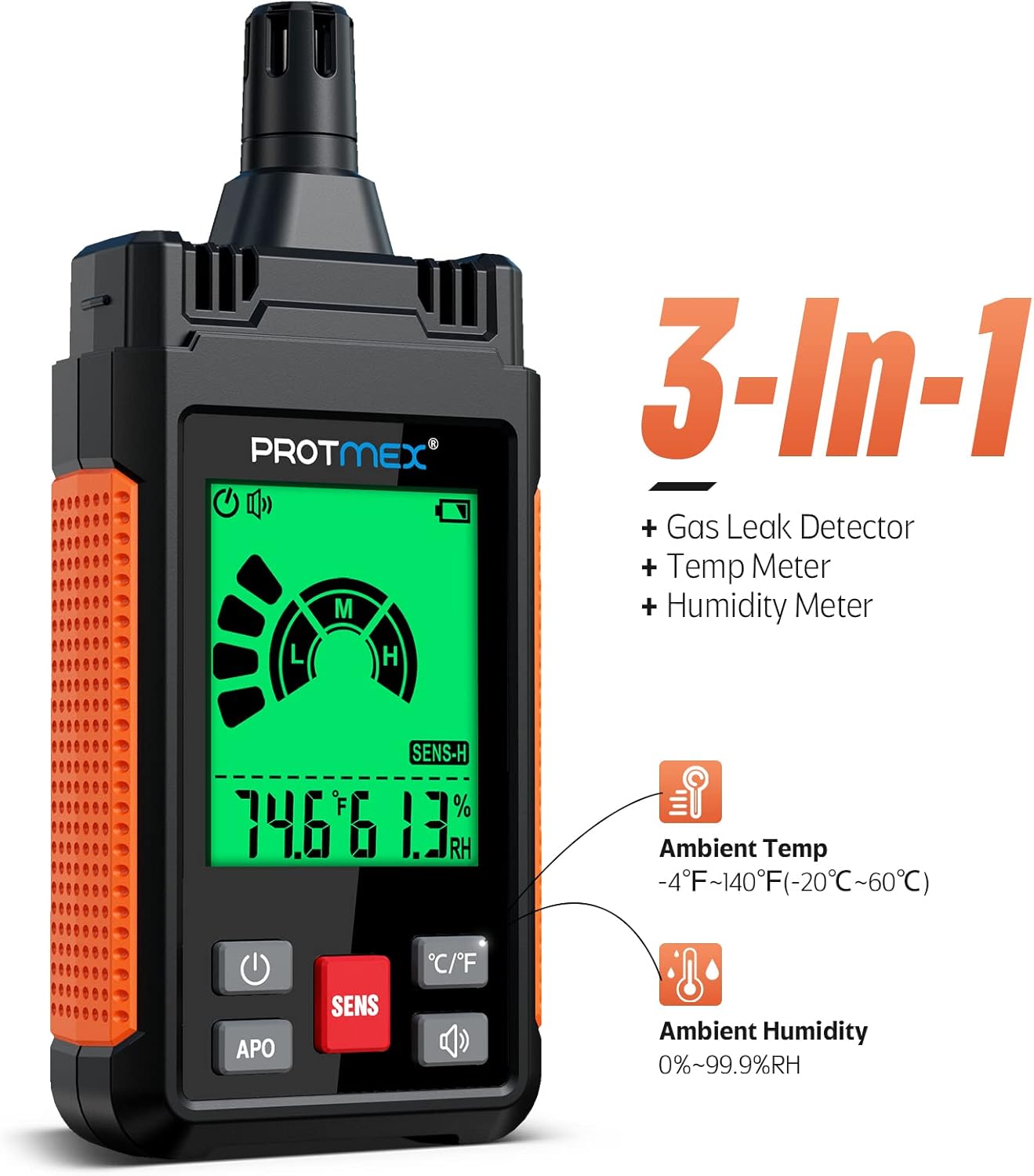 Image of the HT609 showing its 3-in-1 functionality: Gas Leak Detector, Temp Meter, and Humidity Meter, with ranges for ambient temperature and humidity.