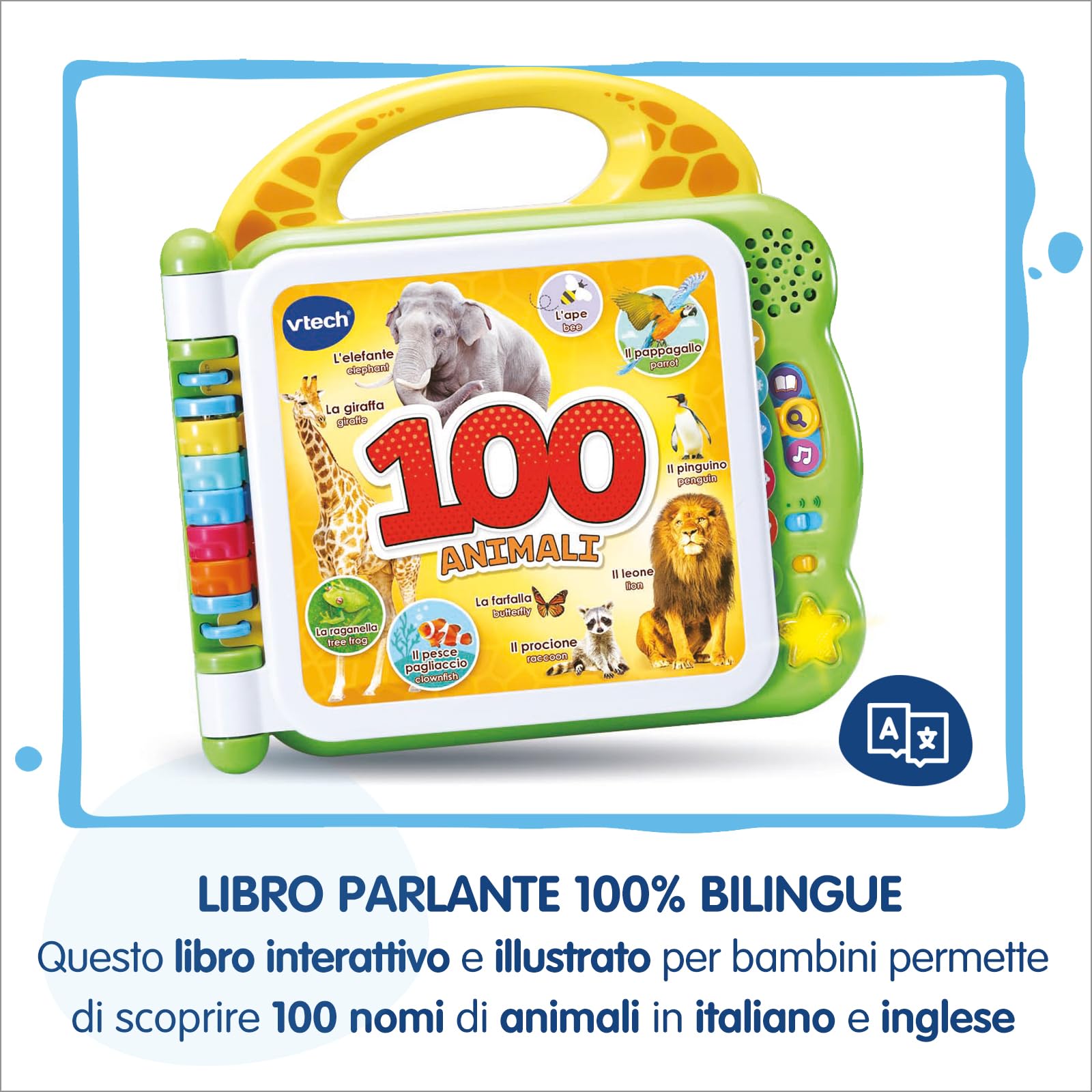 VTech Libro Illustrato Bilingue - 100 Animali per Bambini, Sensoriale in Italiano e Inglese, Neonato con 3 Modalità, Batterie Incluse, 2-5 Anni