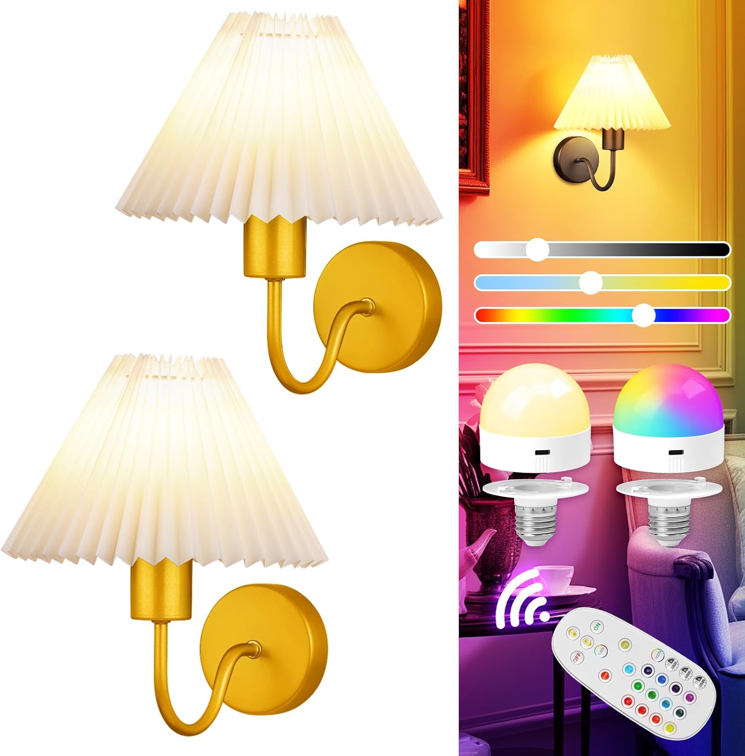 Modern Wall Sconces Set of 2, Wireless Battery Operated Wall Sconces, 2 Pack No Wiring Plug in Wall Lamp with RGB Smart Bulb, Easy Install Portable Wall Light for Bedroom, Living Room (Gold)