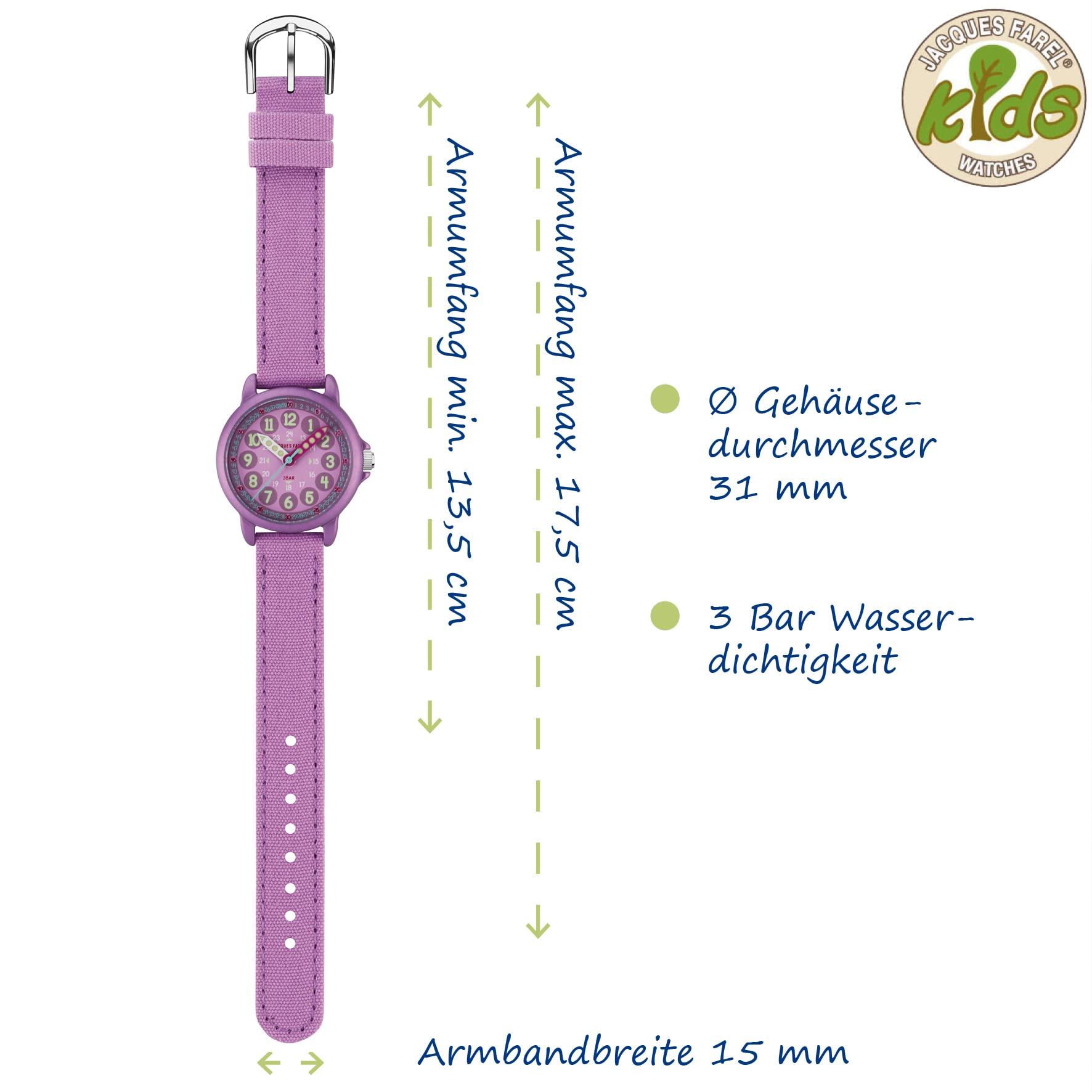 Jacques FAREL Lernuhr Öko Kinderuhr Mädchen Armbanduhr Analog Quarz mit Textilarmband aus Bio-Baumwolle Lila Violett Nachhaltig ORGT 1112