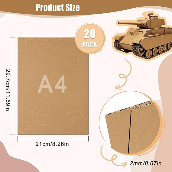 20 Pack A4 Corrugated Cardboard Sheets, Thick Cardboard Paper | Large Hardboard Sheets for DIY Projects, Packaging, Shipping, Mailing