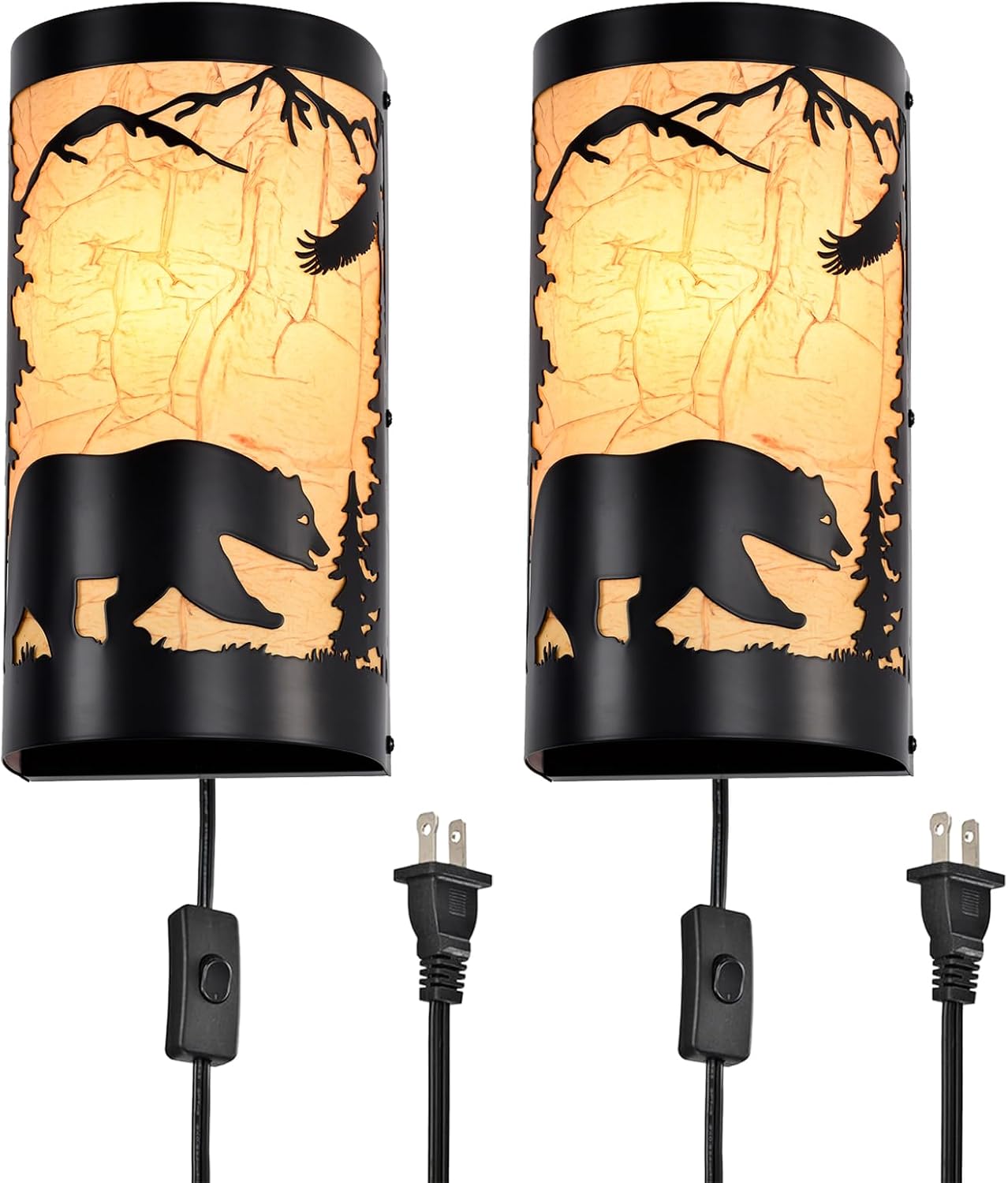 Plug in Sconce Set of 2,Bear Metal Yellow Parchment Rustic Wall Sconces,Farmhouse Matte Black Wall Mounted Light,Industrial for Living Room,Bedroom,Hallway,Stairway(Plug-in & Hardwired)