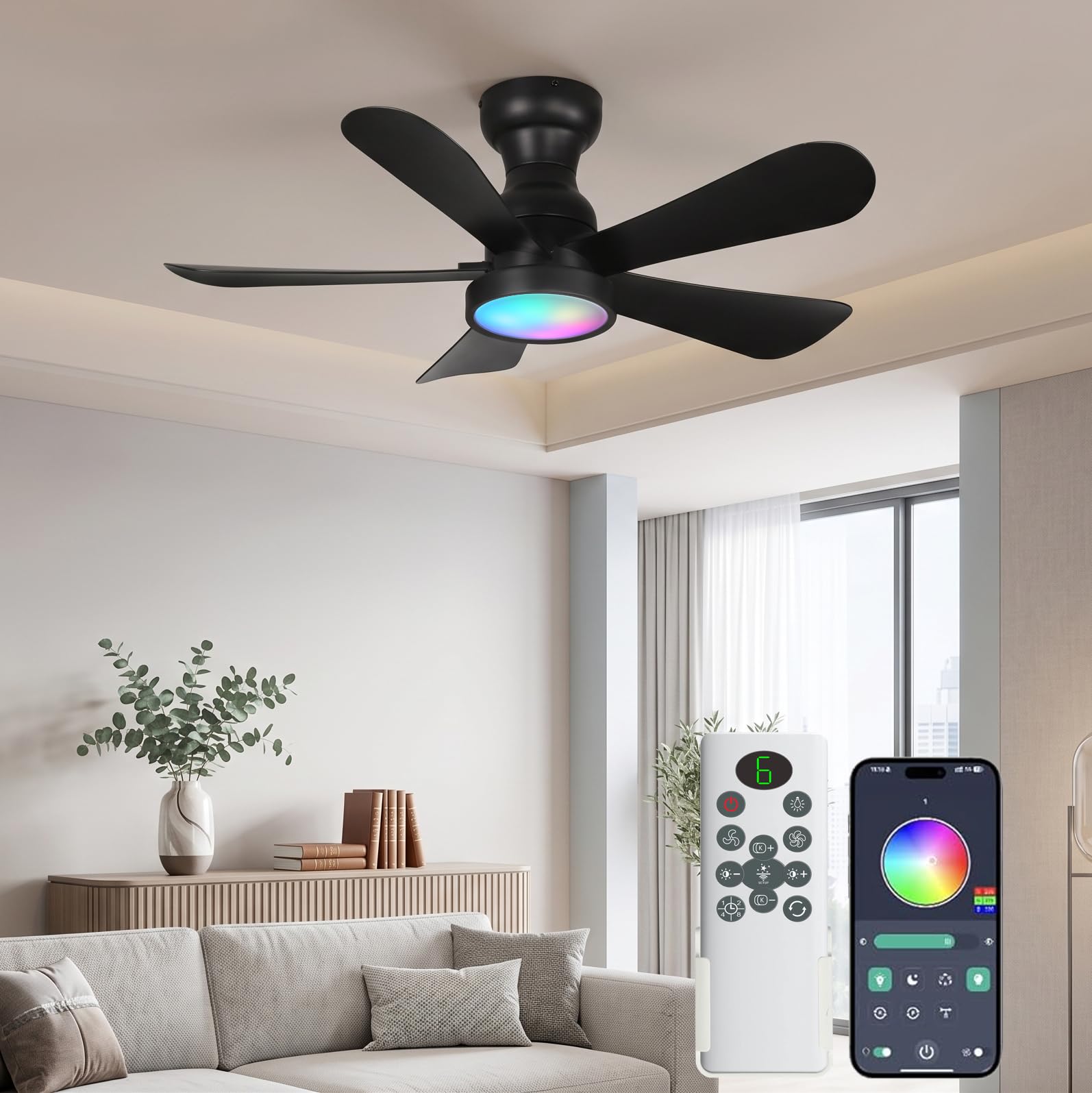 LEONTYNE 36 Inch RGB Ceiling FA with Lights and Remote & App for Bedroom