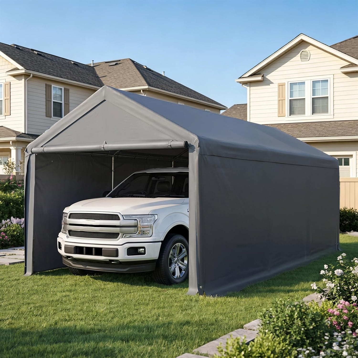10x20 FT Carport Kits Heavy Duty Steel Frame and Portable Garage Canopy, Storage Carports with Removable Sidewalls and Door, Gray