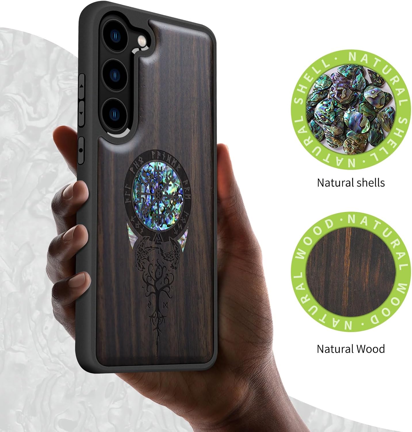 Carveit Designer Wooden Case for Samsung Galaxy S23 Plus Cover [Wood Engraving & Shell Inlay] Compatible with Wireless Chargers Galaxy S23 Plus Case (The Vegvisir of Viking-Blackwood)