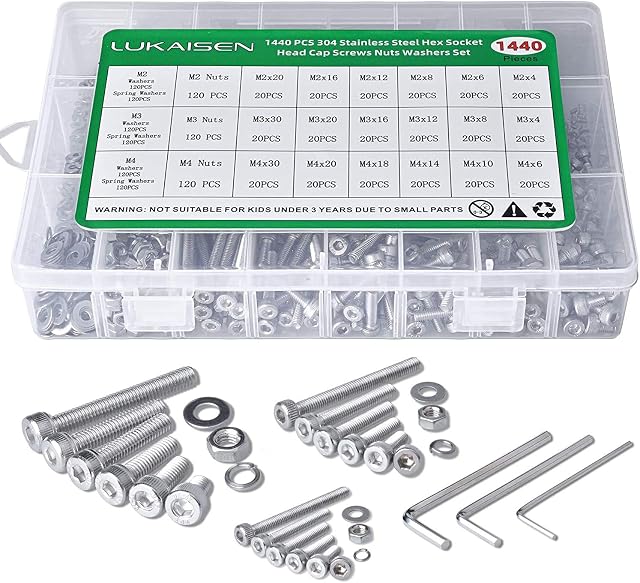 Screws and Nuts, 1440PCS 304 Stainless Steel M2 M3 M4 Hex Socket Head Cap Flat Washers Spring Washers Assortment Kit with 3 Wrenches for Automotive Furniture Decoration Electrical Industrial Products