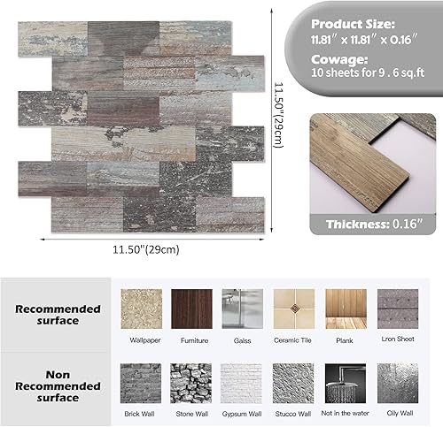 Miniatura 6 de Paquete de 10 azulejos de despegar y pegar para cocina, panel de madera más grueso de 11.3 x 11.5 pulgadas, para azulejos de baño, calcomanías de